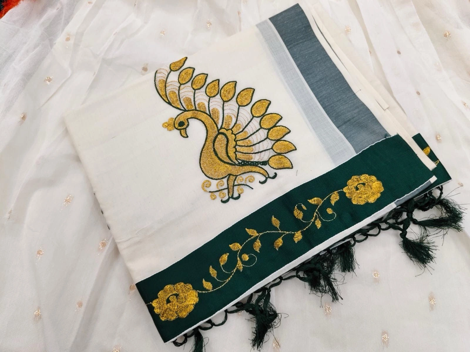 Peacock Embroidery Cotton Set Saree 2