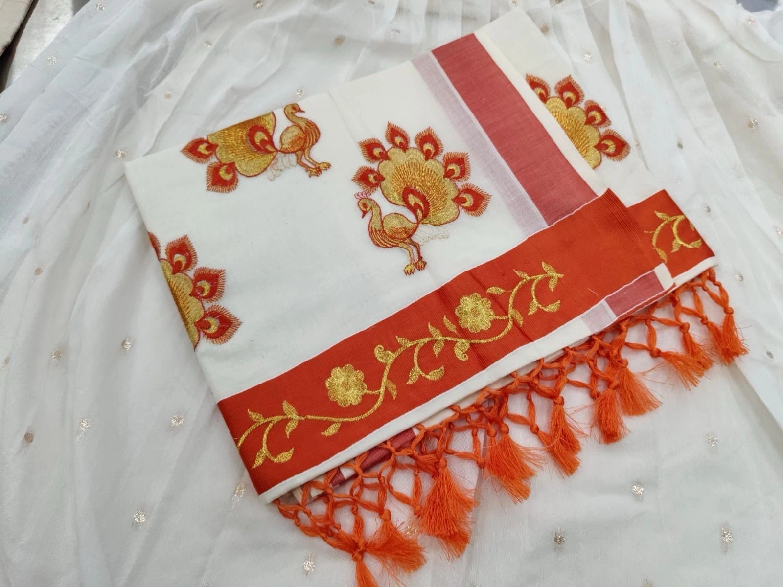 Peacock Embroidery Cotton Set Saree 3
