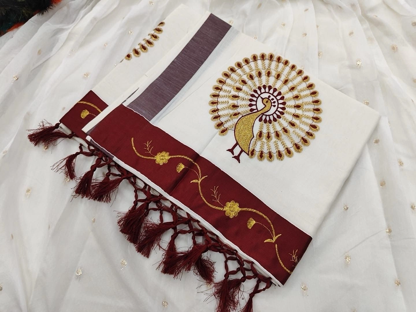 Peacock Embroidery Cotton Set Saree 4