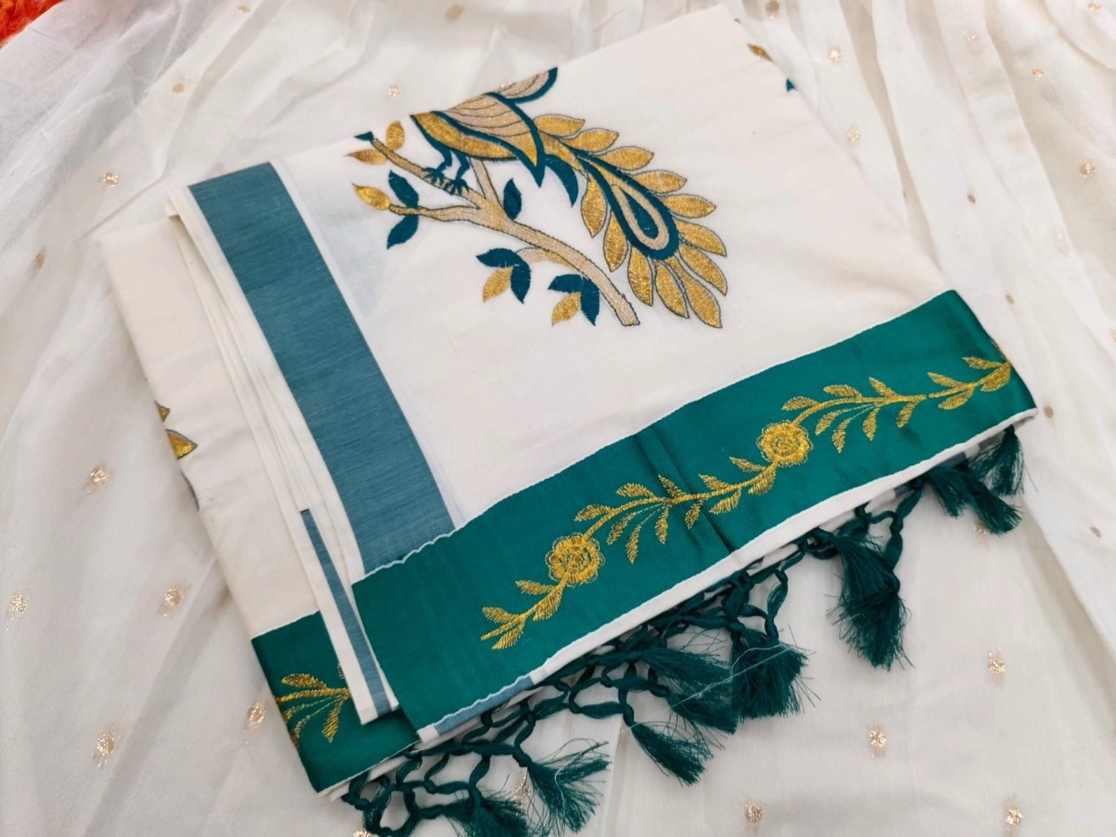 Peacock Embroidery Cotton Set Saree 5