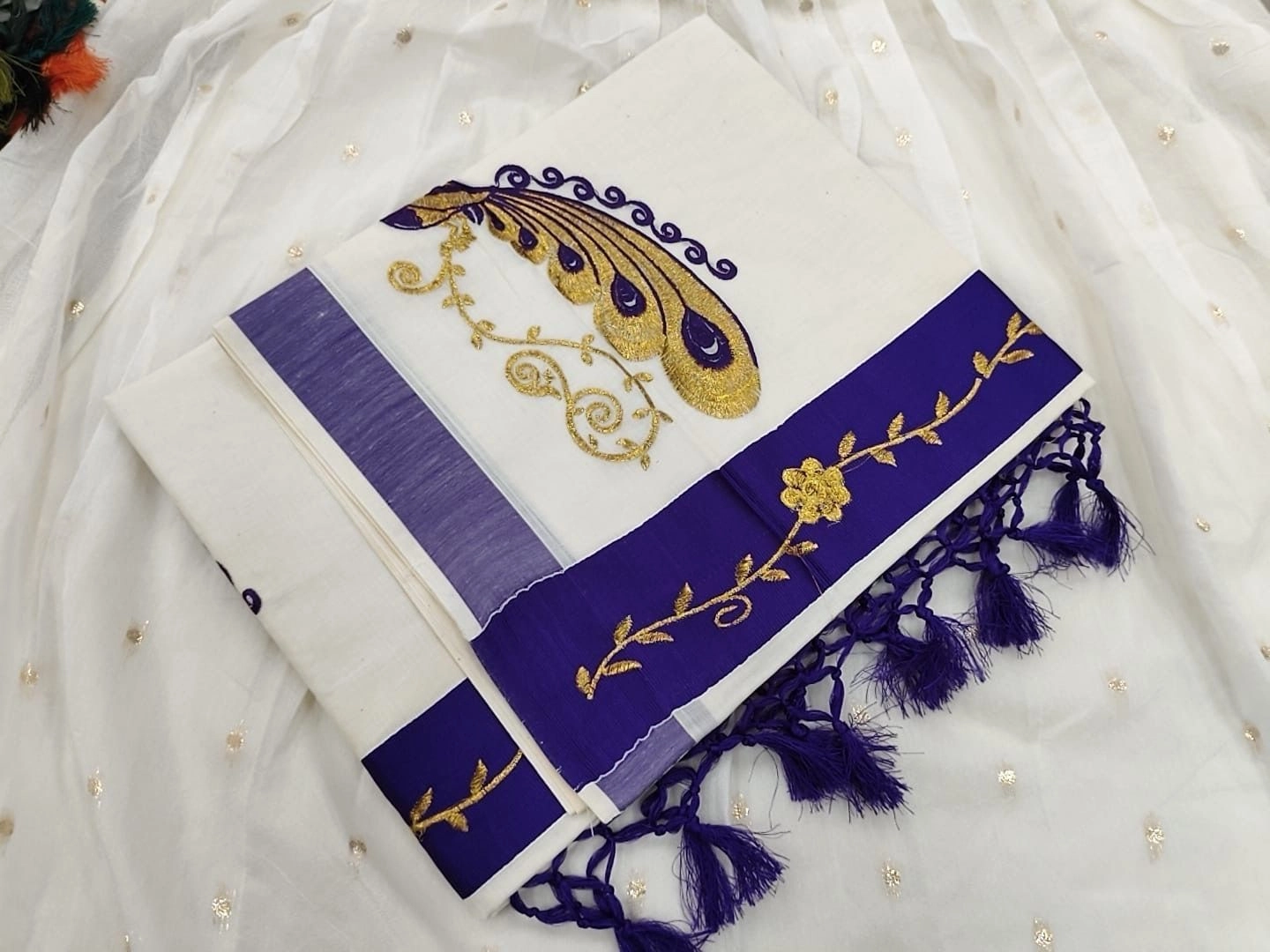 Peacock Embroidery Cotton Set Saree 6