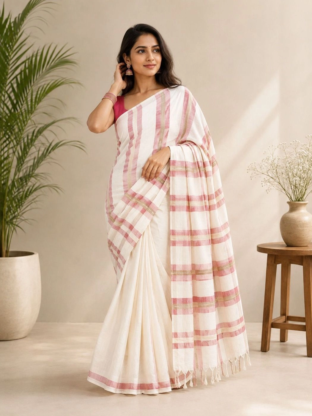 Mulloth Stripes Cotton Saree with Tassels | Premium Handloom Replica (No Blouse)