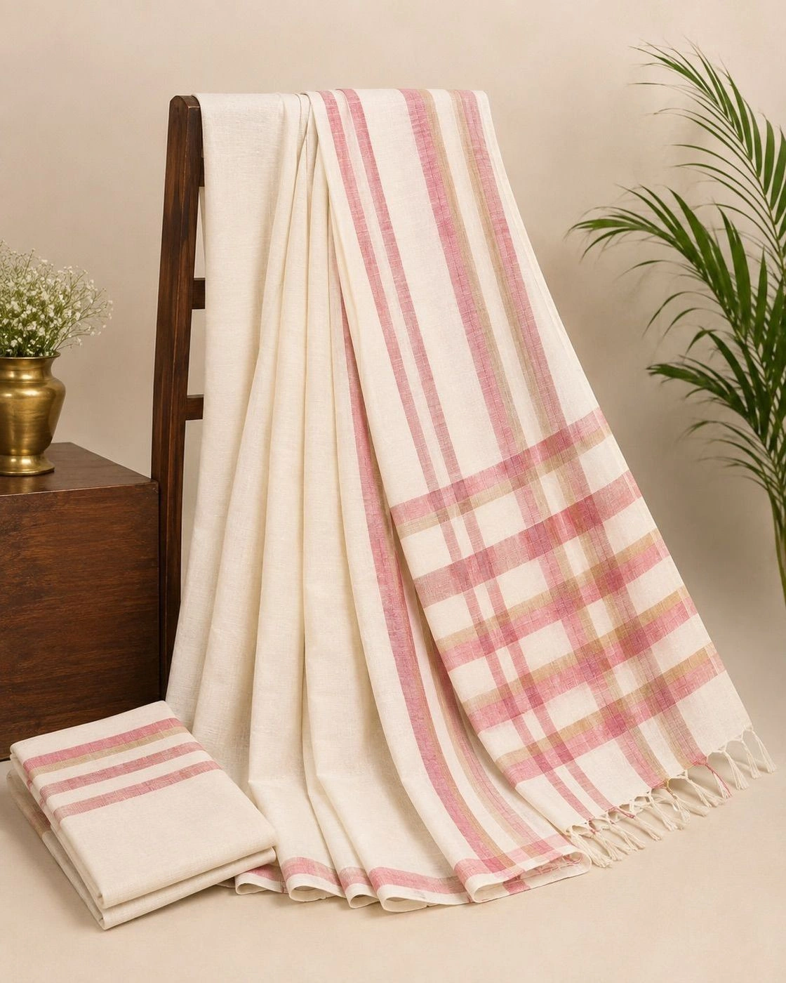 Mulloth Stripes Cotton Saree with Tassels | Premium Handloom Replica (No Blouse)