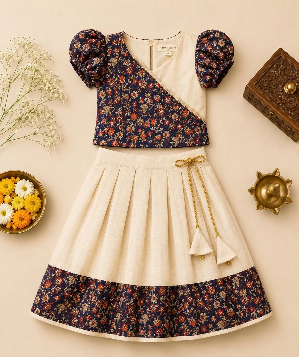 Kids Pattu Pavada – Navy Blue Floral Printed Set 1