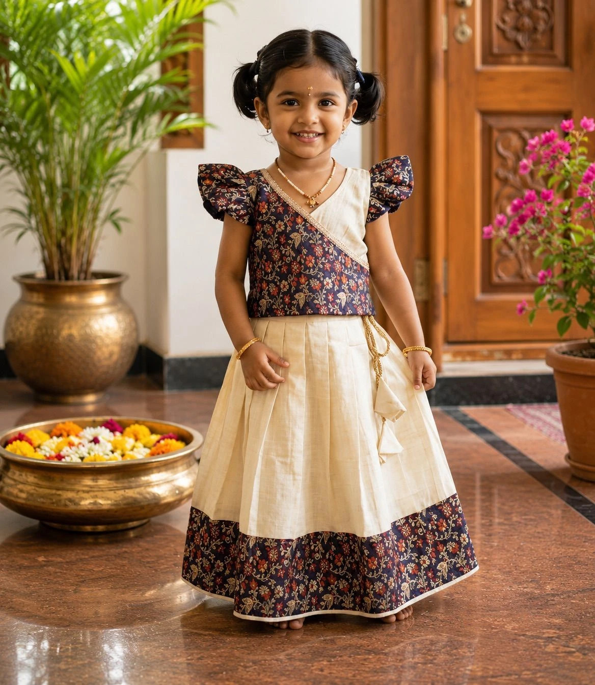 Kids Pattu Pavada – Navy Blue Floral Printed Set 2