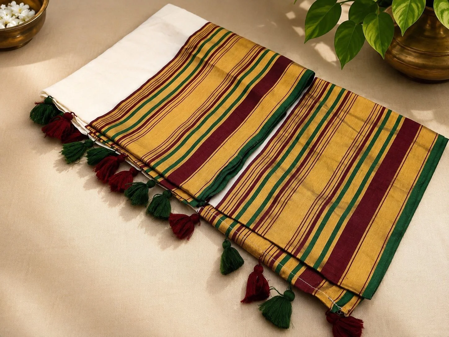 Trending Mul Cotton Saree – Mustard Green & Maroon 1