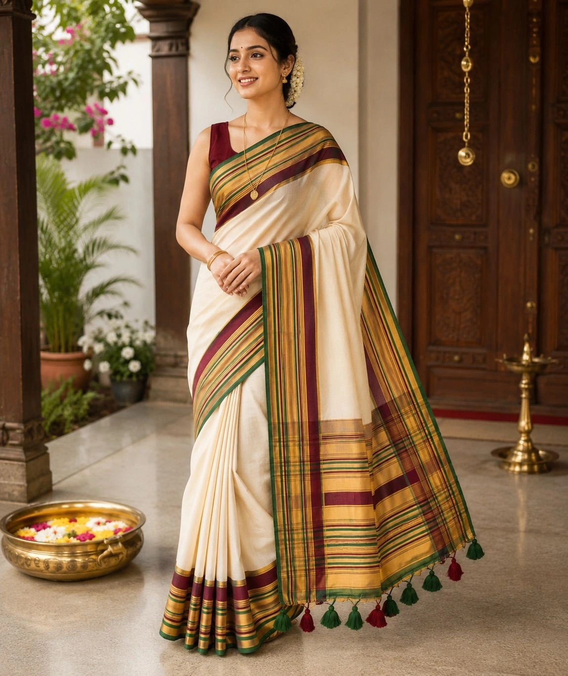 Trending Mul Cotton Saree – Mustard Green & Maroon 2