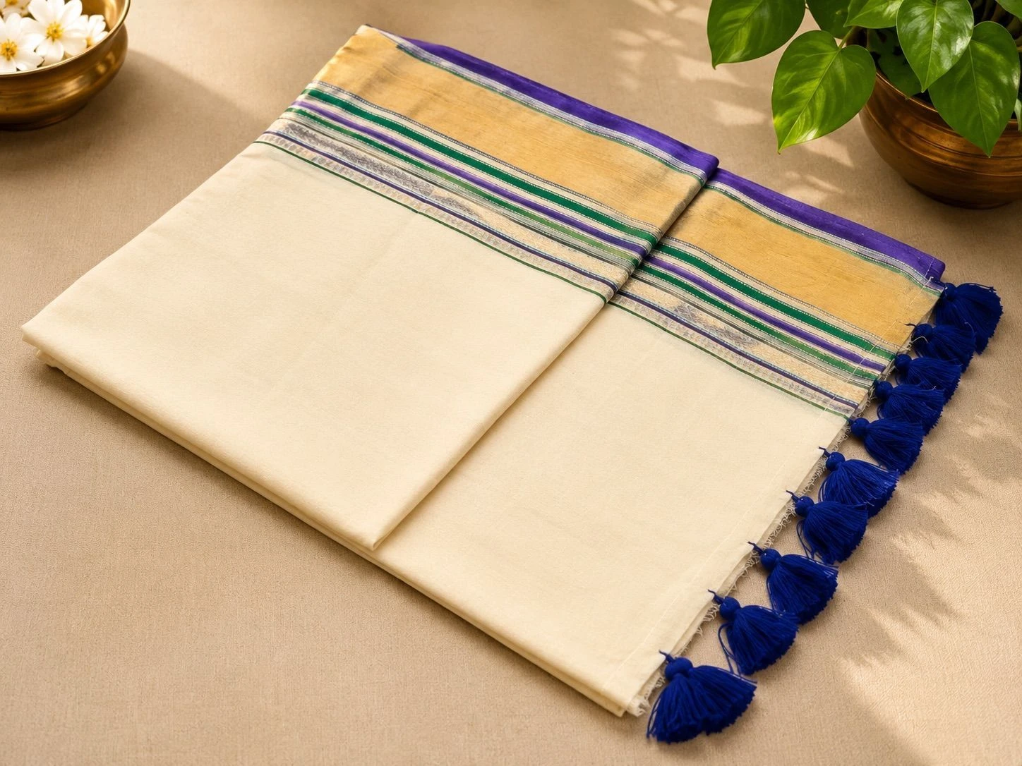 Trending Mul Cotton Saree – Cream & Royal Blue 1
