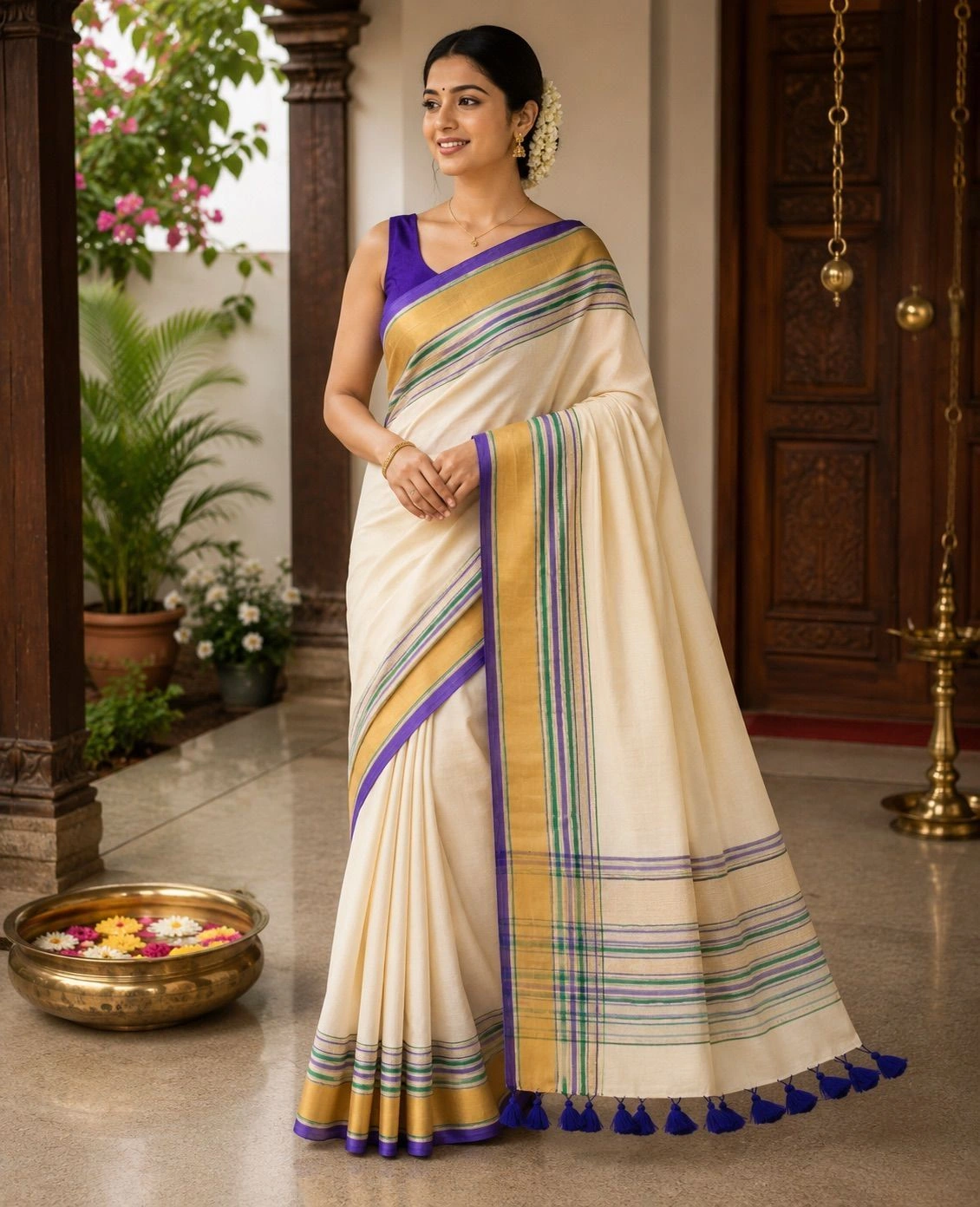 Trending Mul Cotton Saree – Cream & Royal Blue 2