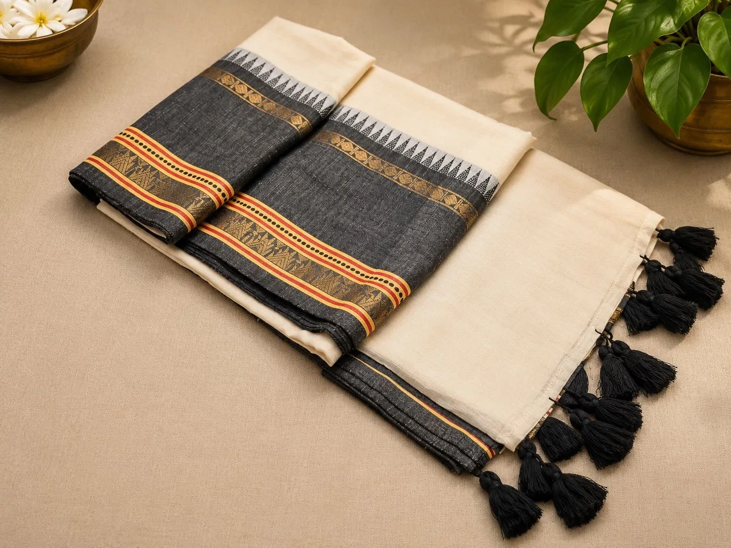Trending Mul Cotton Saree – Black & Cream 1