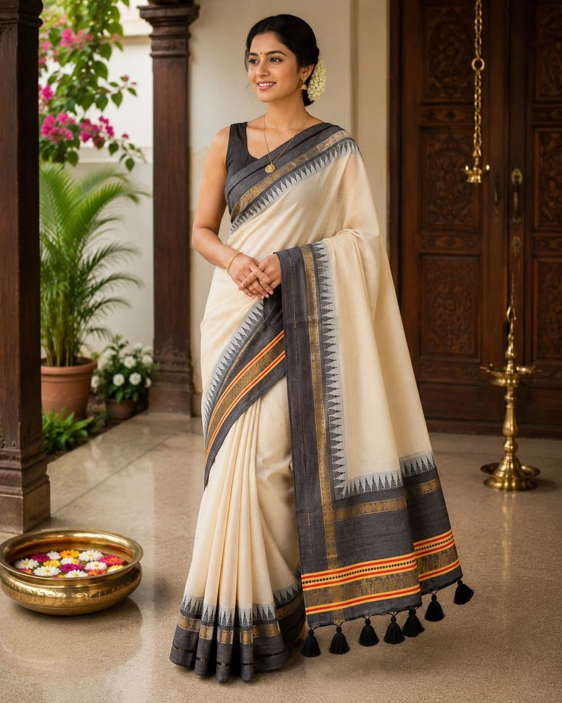 Trending Mul Cotton Saree – Black & Cream 2