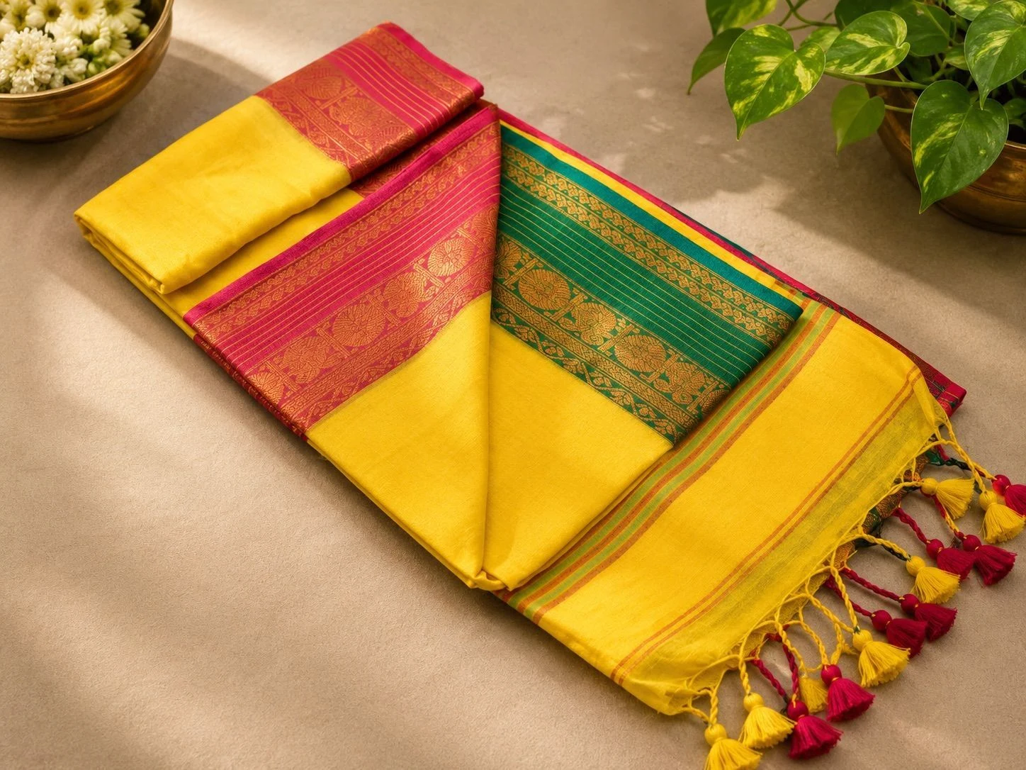 Trending Mul Cotton Saree – Yellow, Green & Pink 1