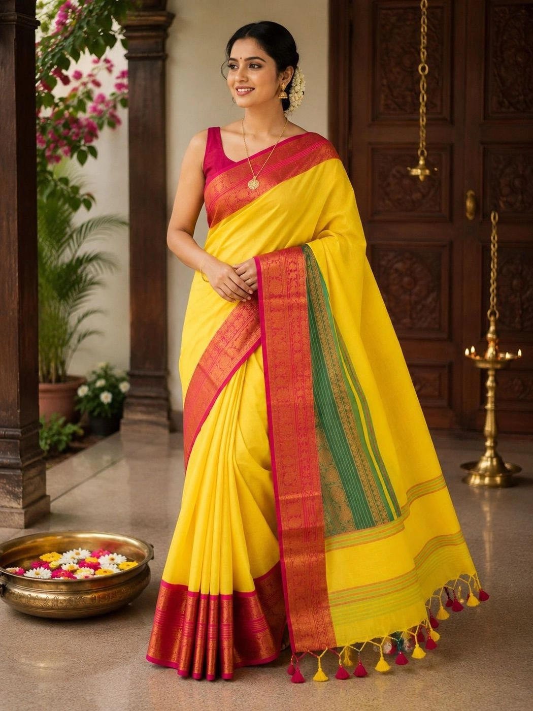 Trending Mul Cotton Saree – Yellow, Green & Pink 2