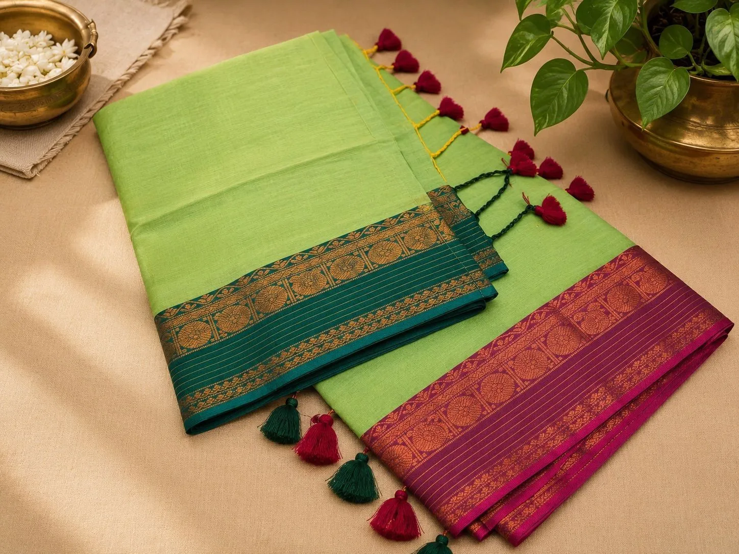 Trending Mul Cotton Saree – Lime Green with Teal & Magenta 1