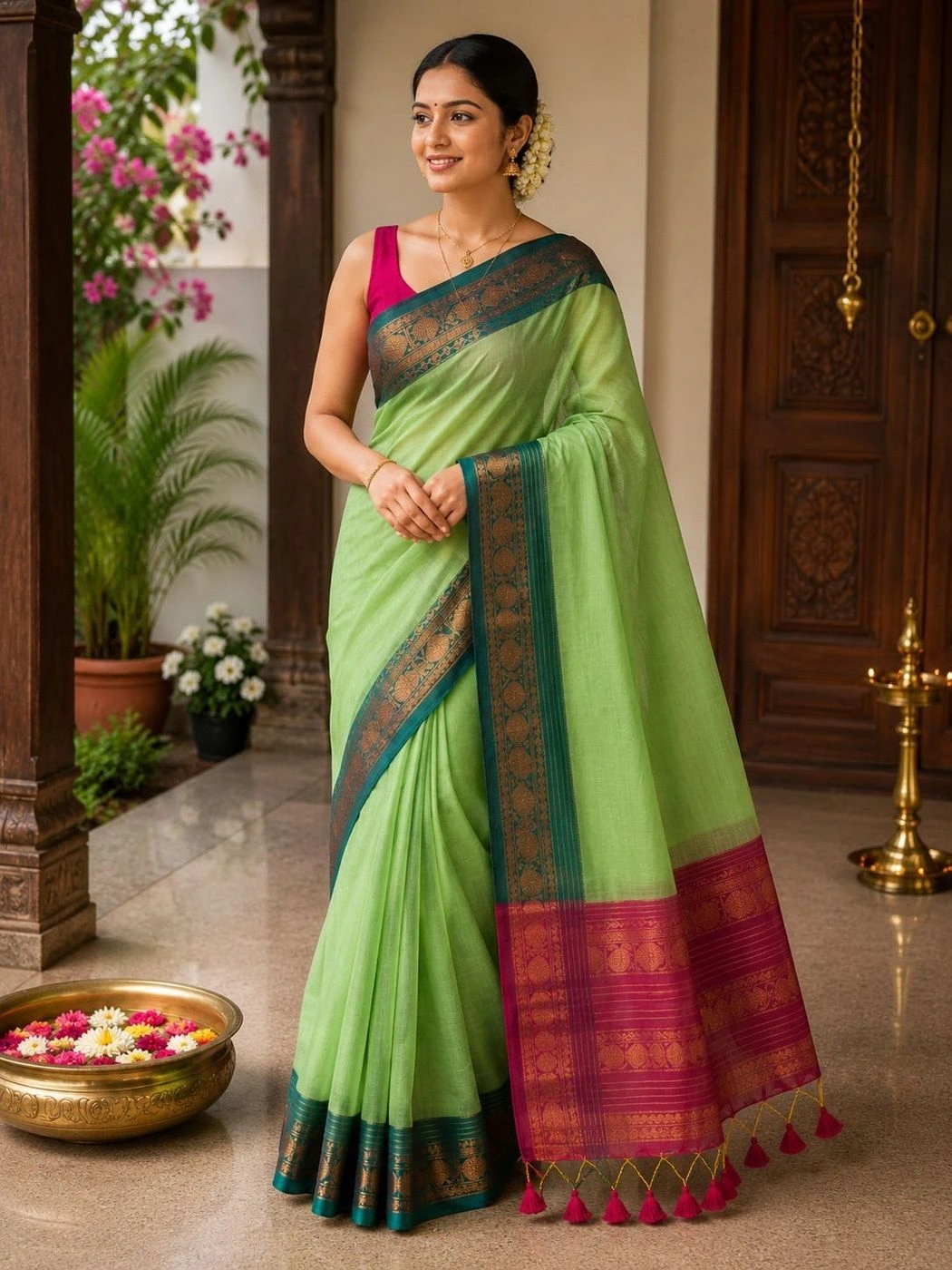 Trending Mul Cotton Saree – Lime Green with Teal & Magenta 2