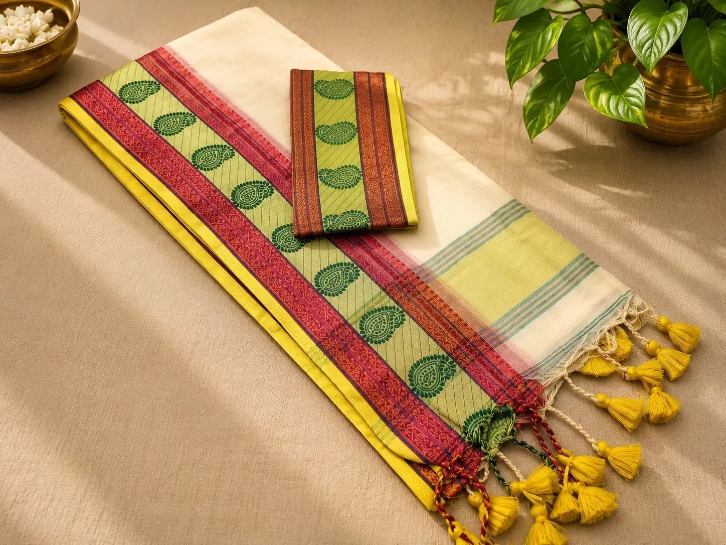 Trending Mul Cotton Saree – Lime Green & Pink 1