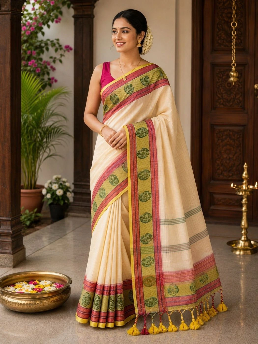 Trending Mul Cotton Saree – Lime Green & Pink 2
