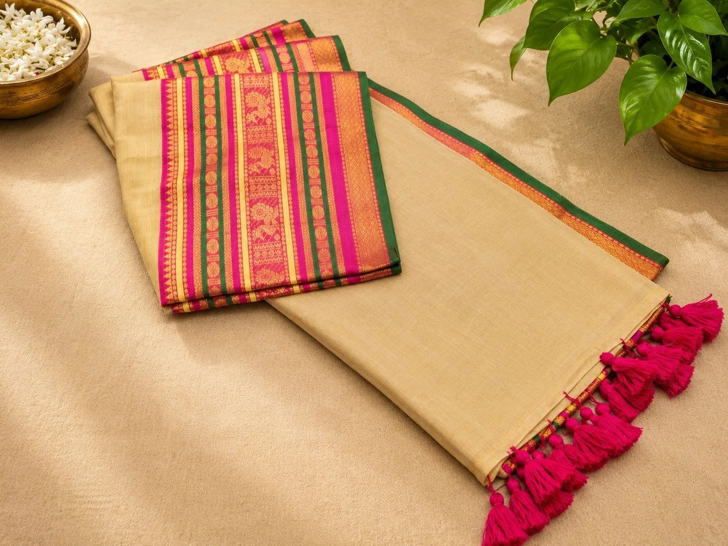 Trending Mul Cotton Saree – Cream & Pink 1