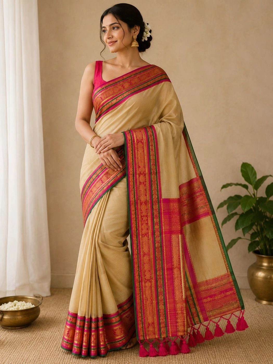 Trending Mul Cotton Saree – Cream & Pink 2