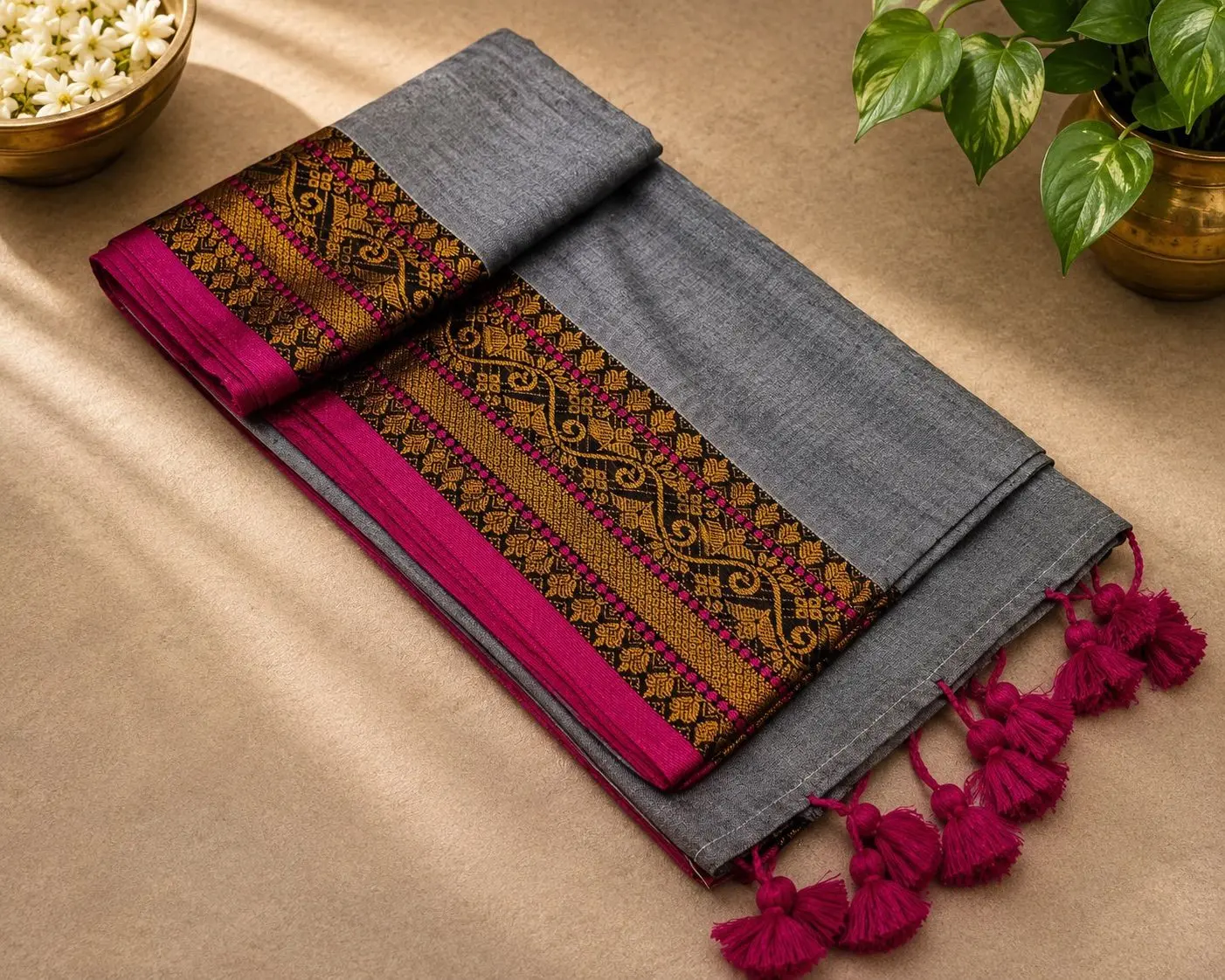 Trending Mul Cotton Saree – Grey & Magenta 1