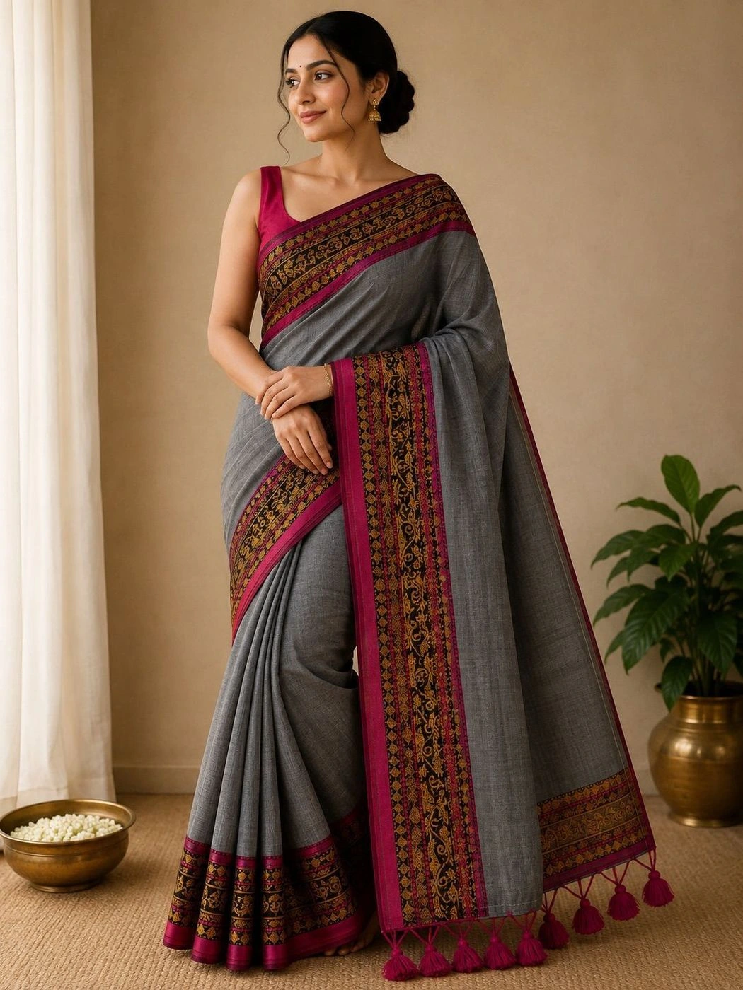 Trending Mul Cotton Saree – Grey & Magenta 2