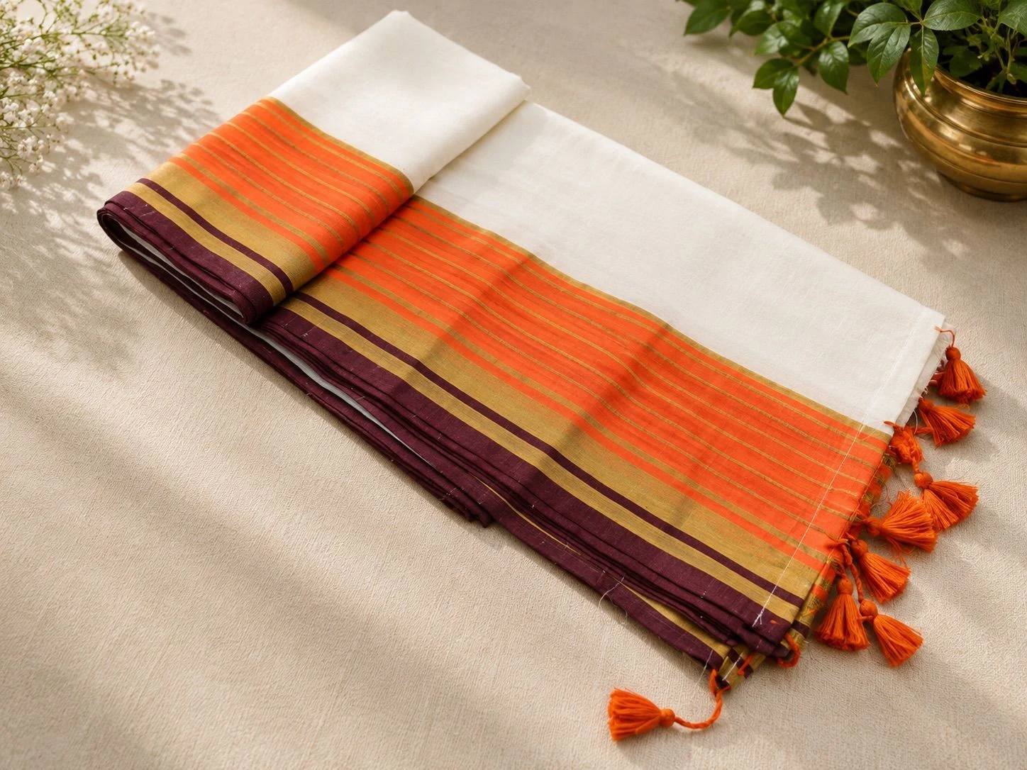 Trending Mul Cotton Saree – White, Orange & Wine 1