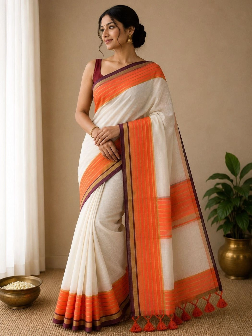 Trending Mul Cotton Saree – White, Orange & Wine 2