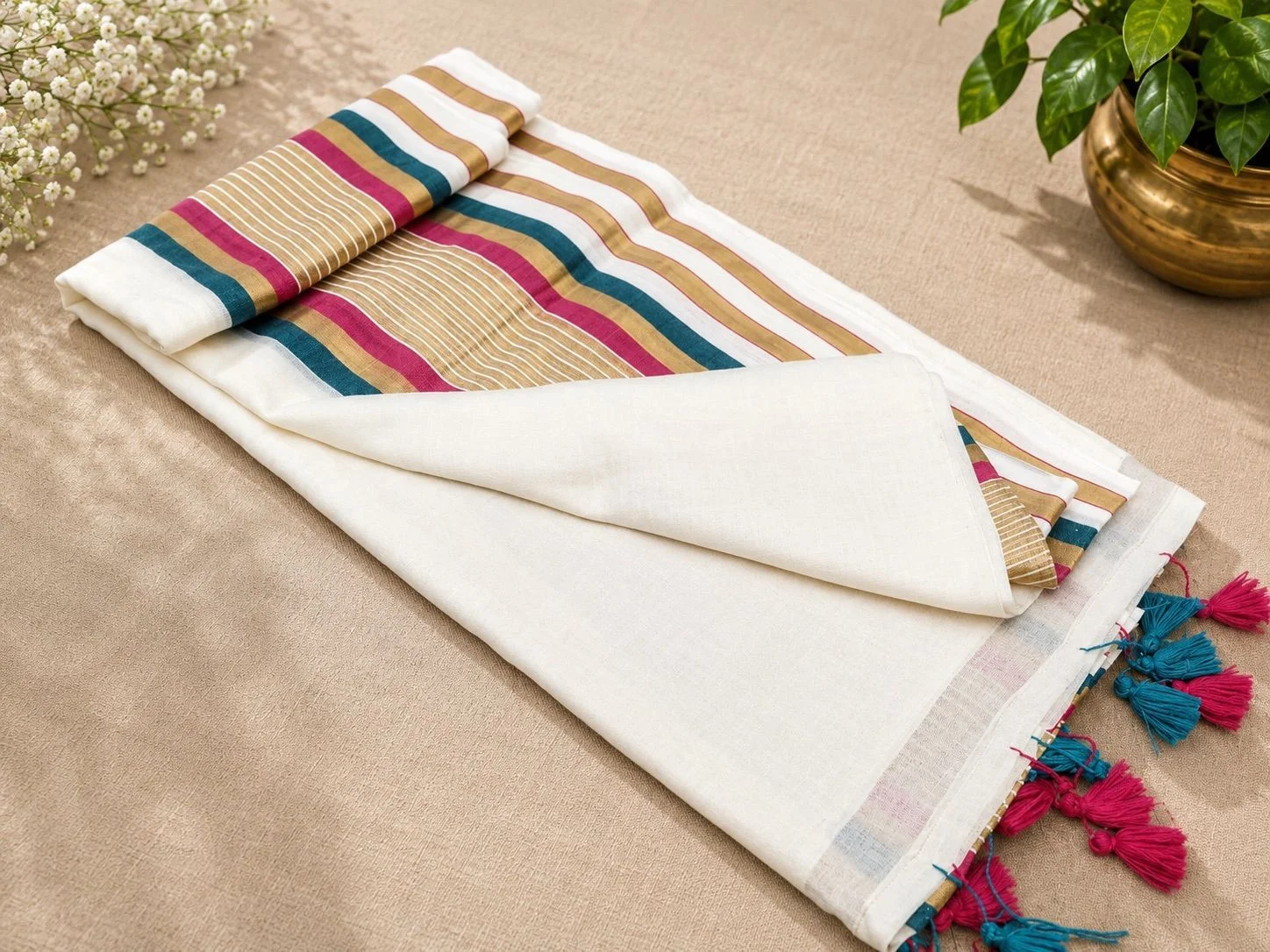 Trending Mul Cotton Saree – White, Teal & Pink 1