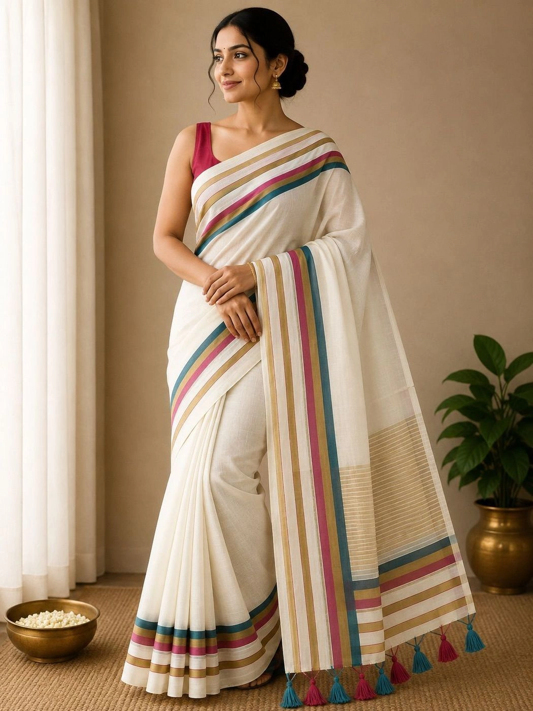 Trending Mul Cotton Saree – White, Teal & Pink 2