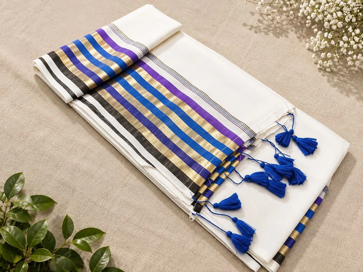Trending Mul Cotton Saree – White, Royal Blue & Purple 1