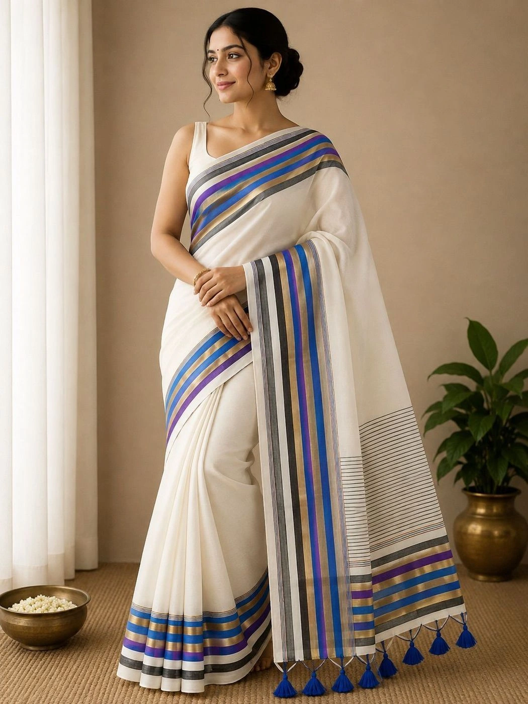 Trending Mul Cotton Saree – White, Royal Blue & Purple 2