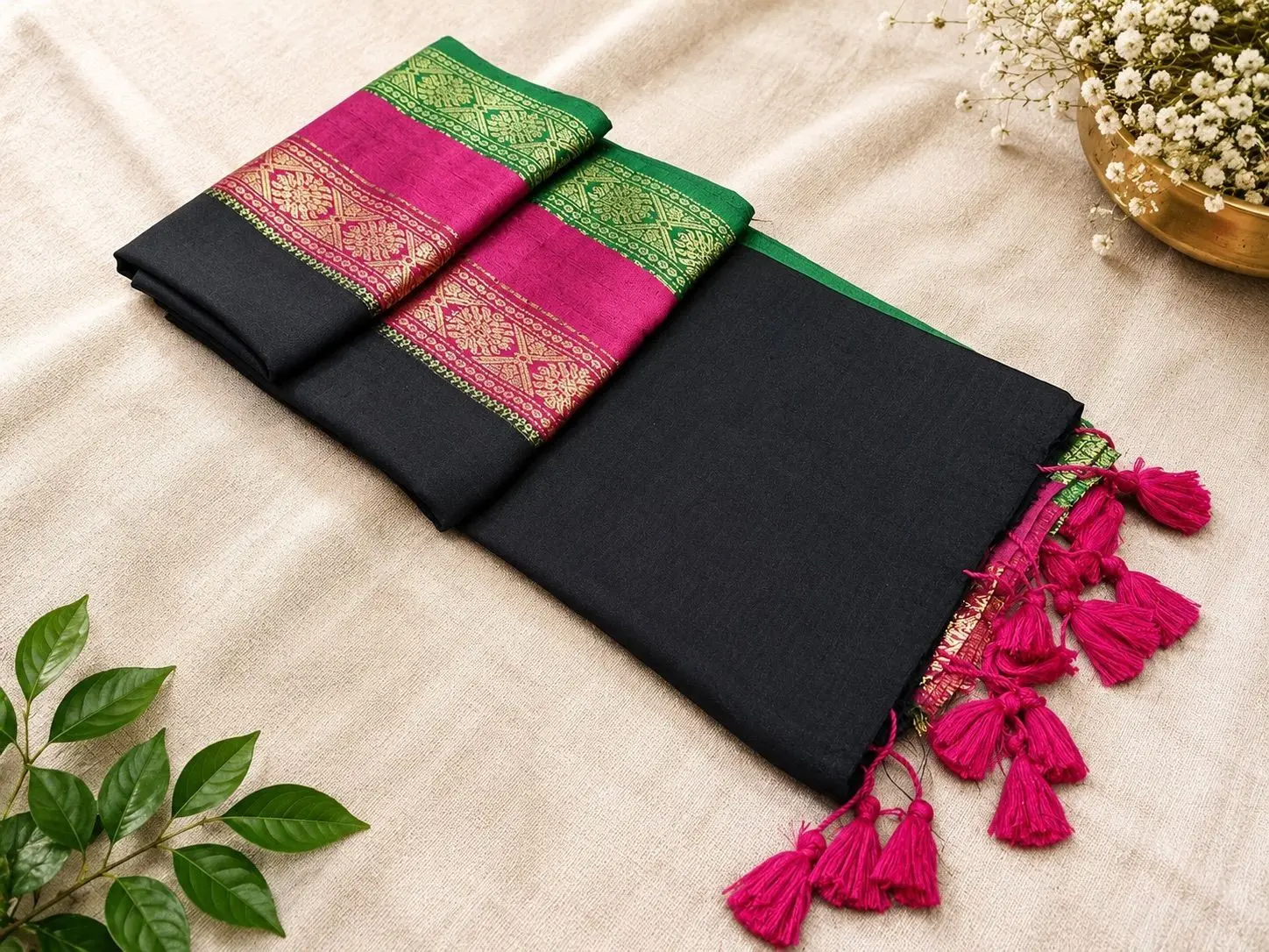 Trending Mul Cotton Saree – Black, Magenta & Green 1
