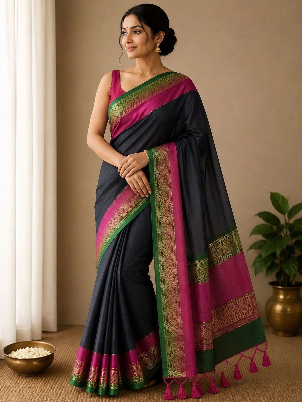 Trending Mul Cotton Saree – Black, Magenta & Green 2