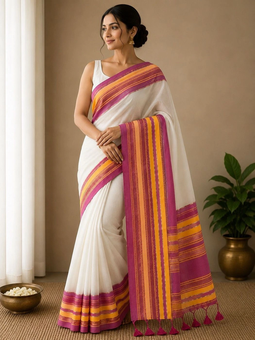 Trending Mul Cotton Saree – White & Magenta 2