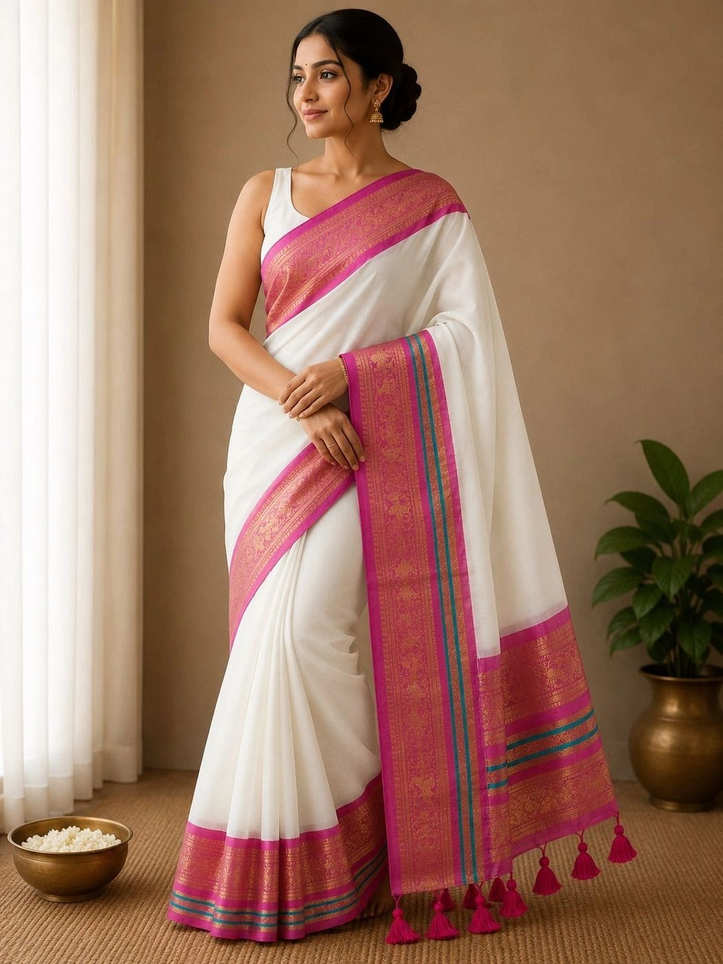 Trending Mul Cotton Saree – White & Magenta 2