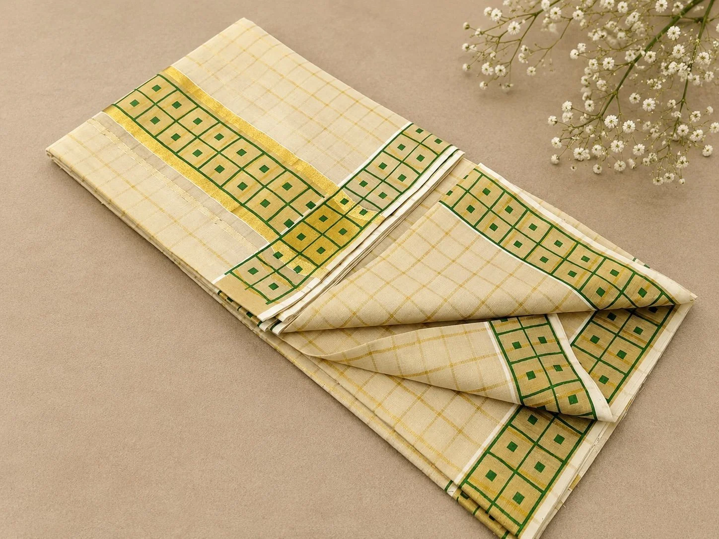 Full Body Check Tissue Saree – Green & Golden 1