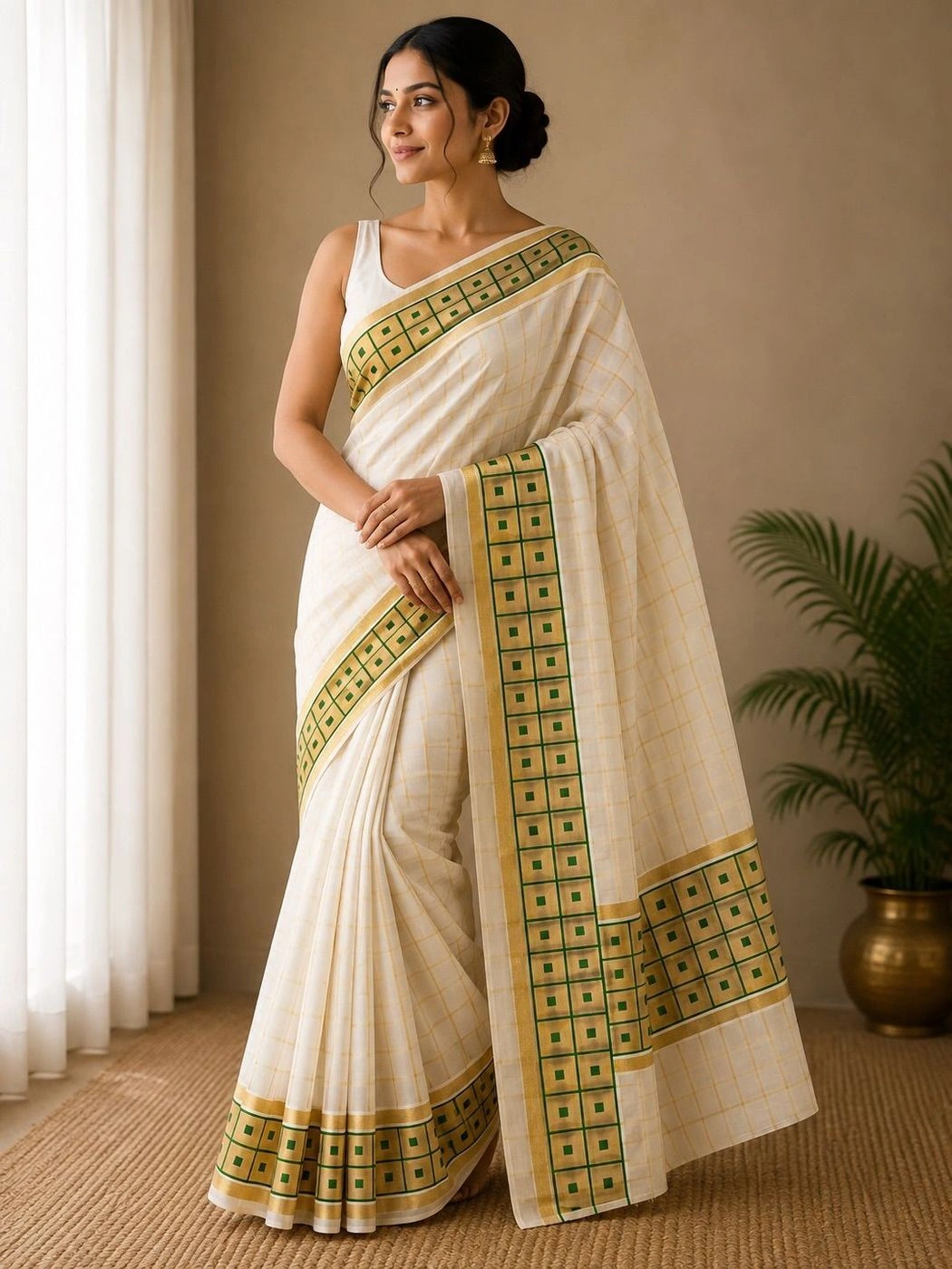Full Body Check Tissue Saree – Green & Golden 2