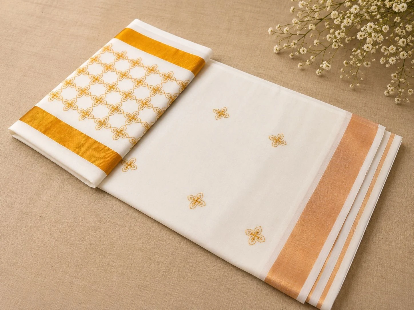 Embroidery Cotton Set Saree – White & Golden 1