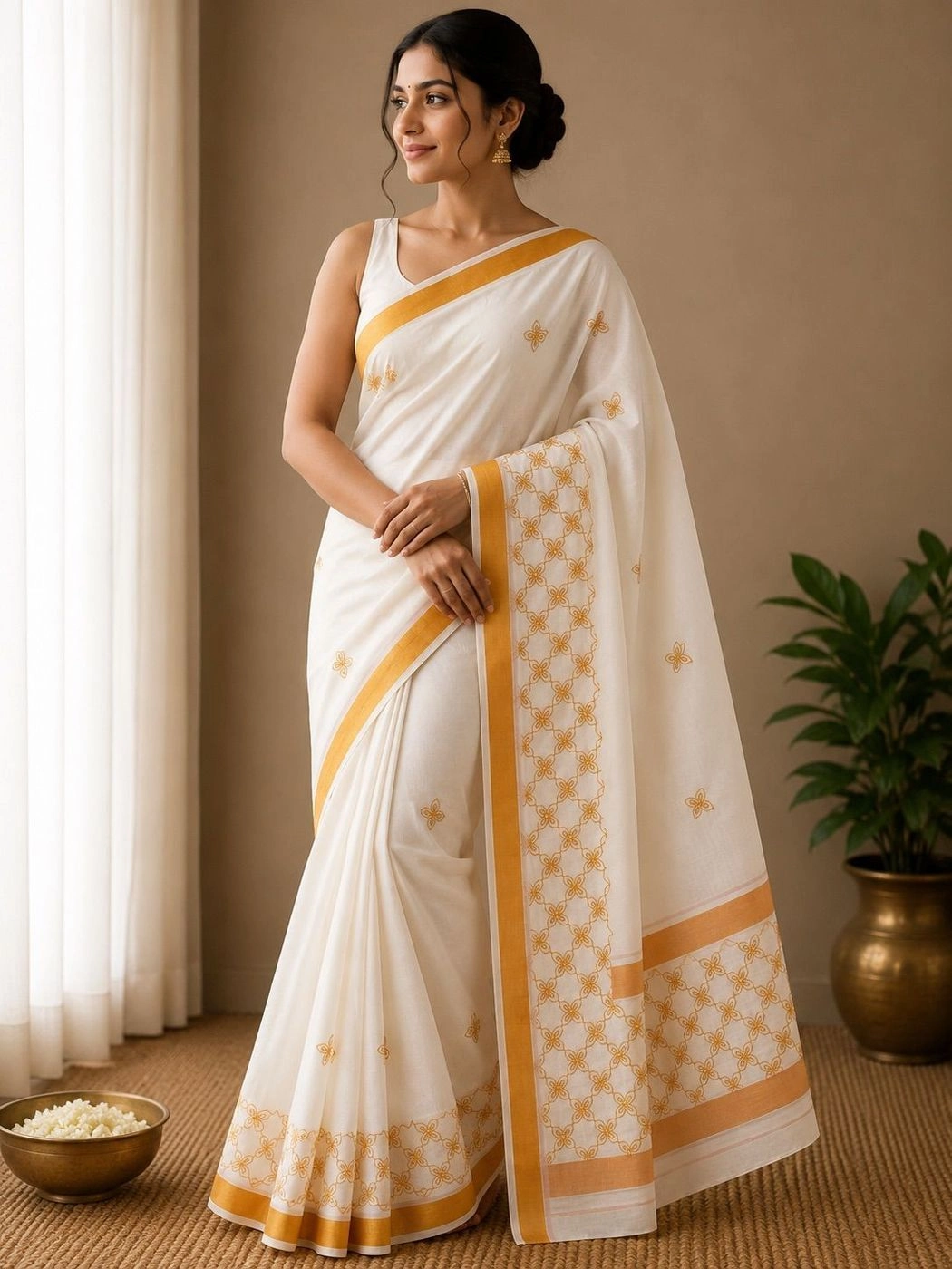 Embroidery Cotton Set Saree – White & Golden 2