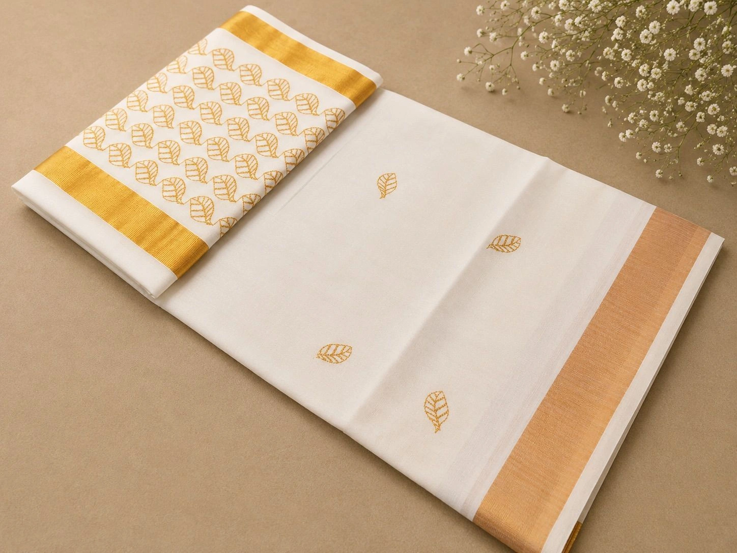 Embroidery Cotton Set Saree – White & Golden Leaf 1