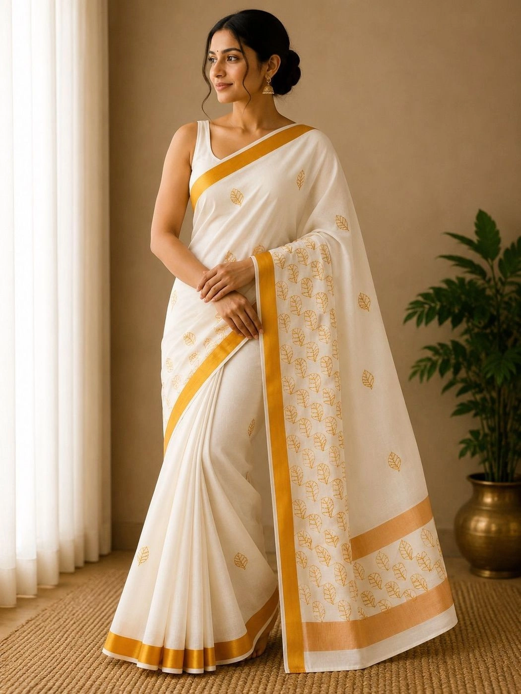 Embroidery Cotton Set Saree – White & Golden Leaf 2