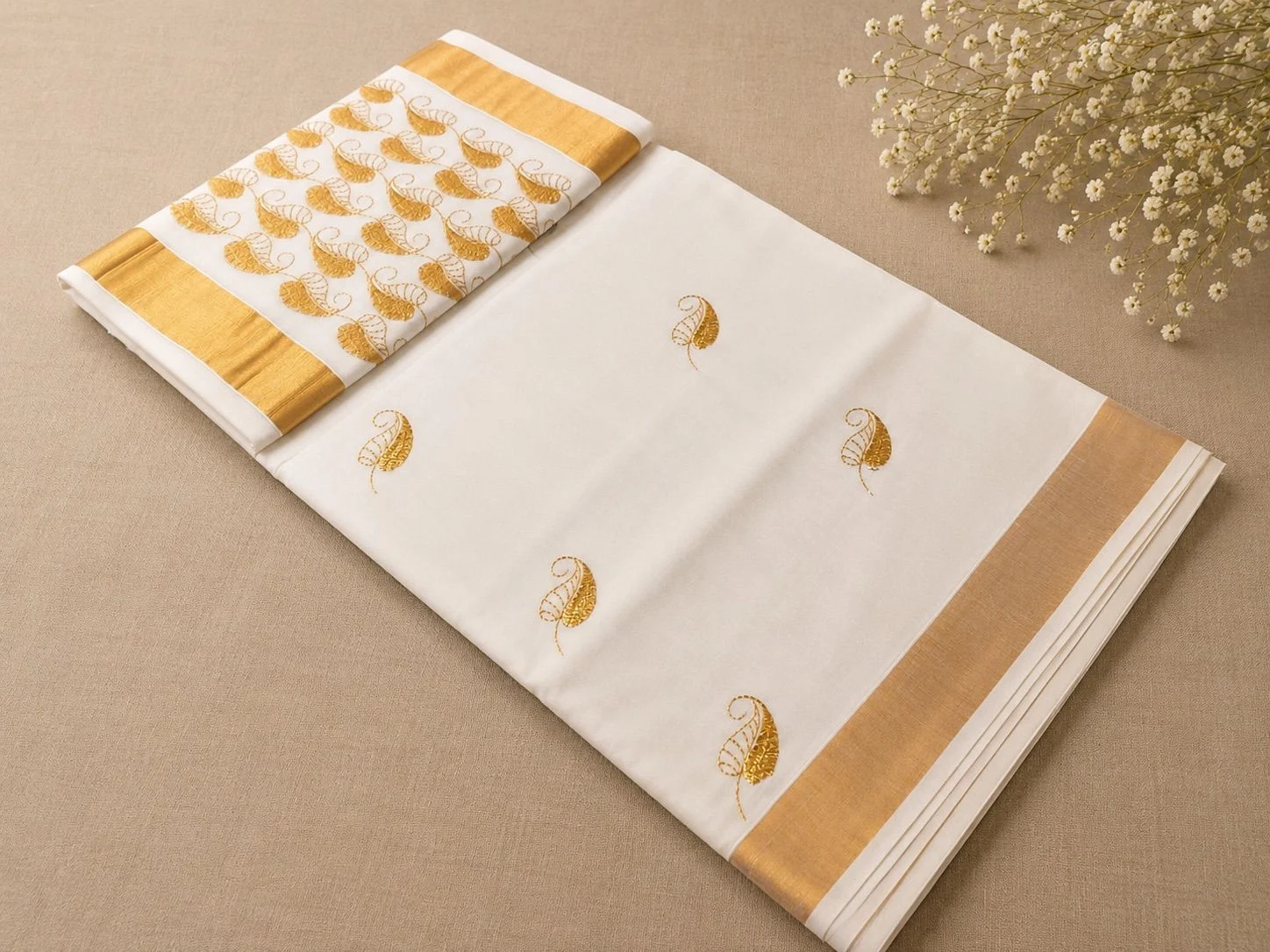 Embroidery Cotton Set Saree – Golden Paisley 1