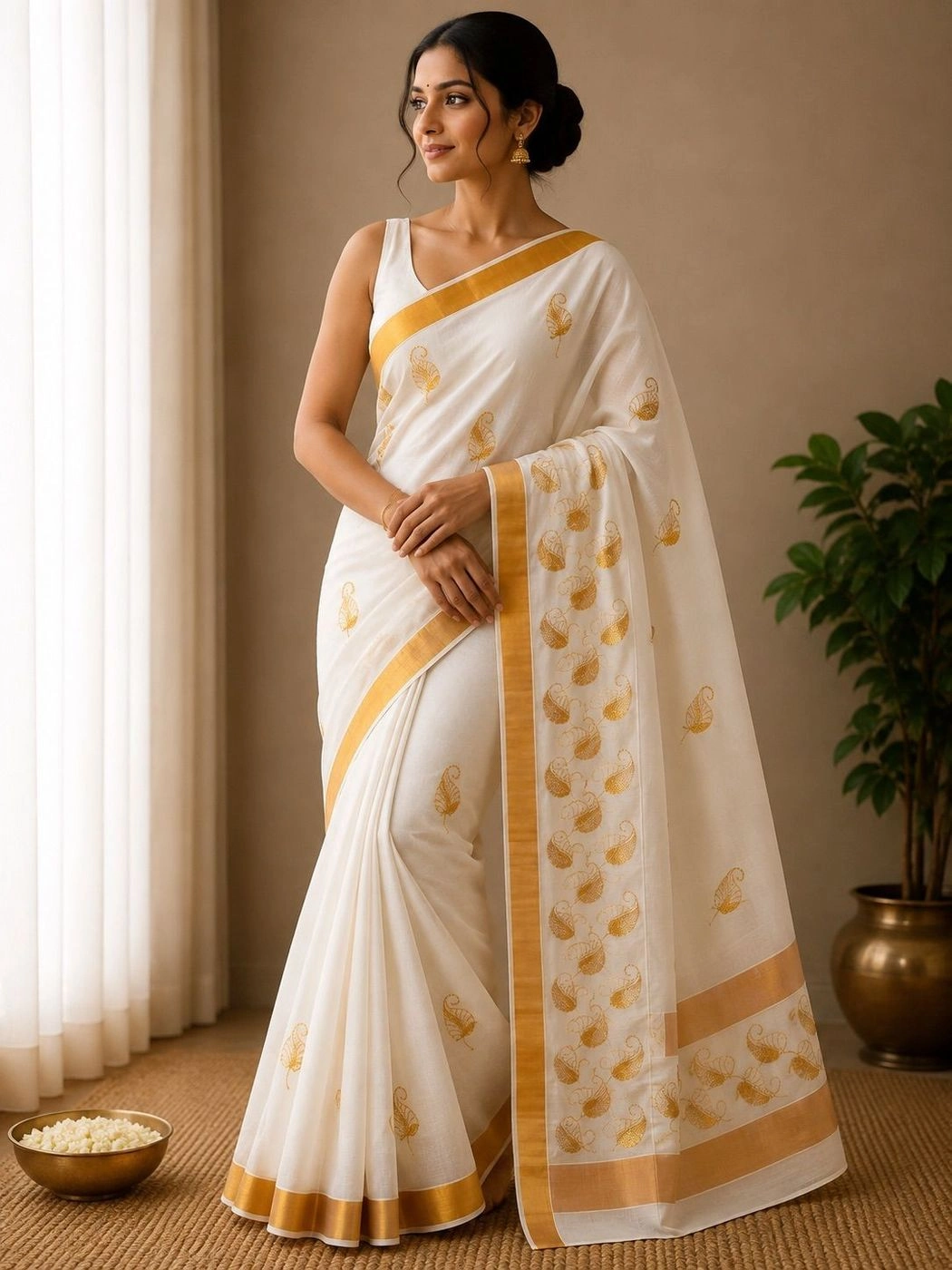 Embroidery Cotton Set Saree – Golden Paisley 2