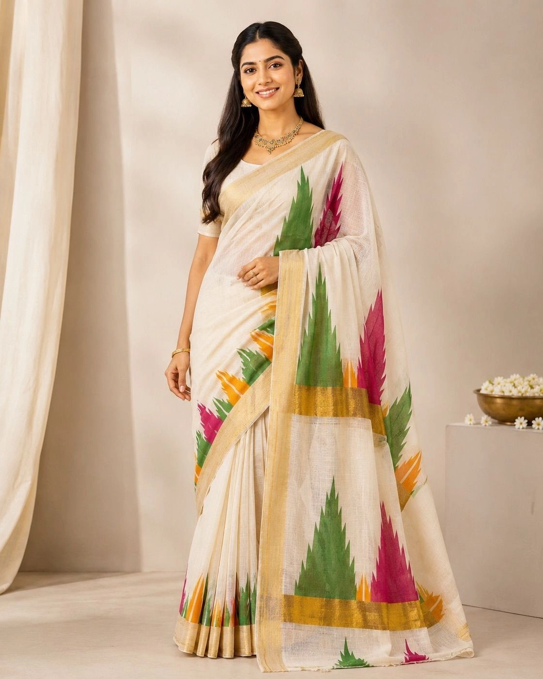 Gopuram – Multi-Colour Temple Golden Tissue Saree 1