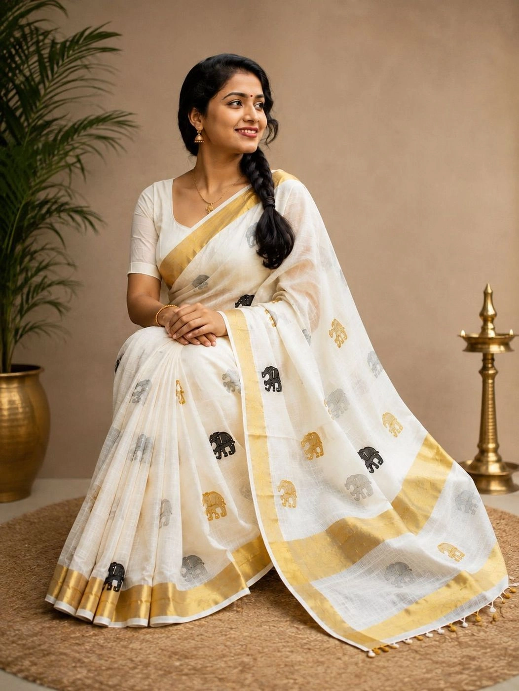 Elephant Embroidery Golden Zari Cotton Saree 1