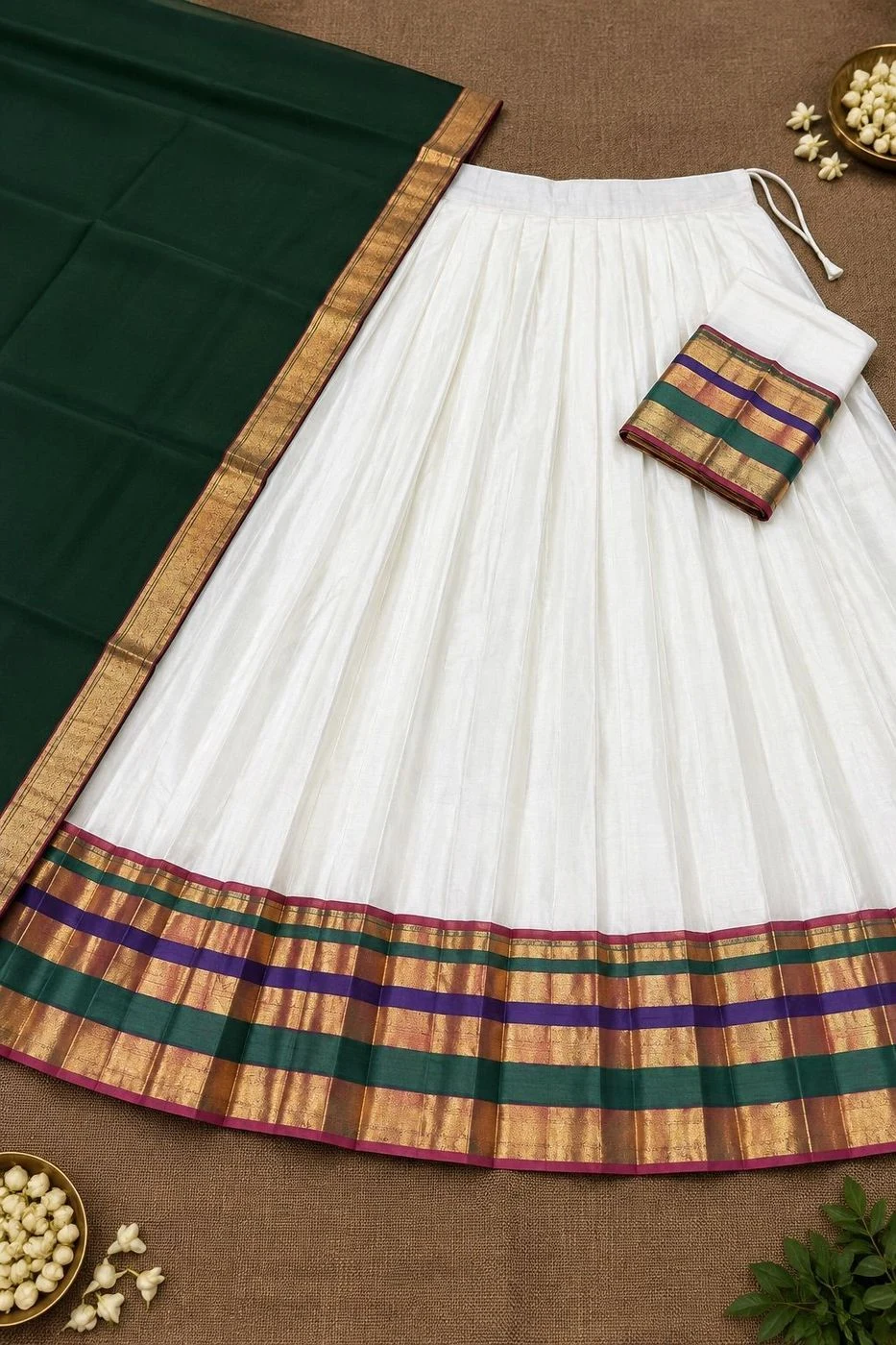Vasudha Bottle Green & White Mul Cotton Davani