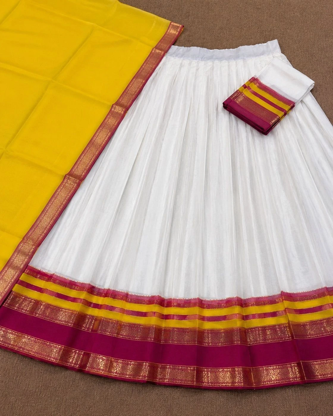Manjari Yellow & White Mul Cotton Davani