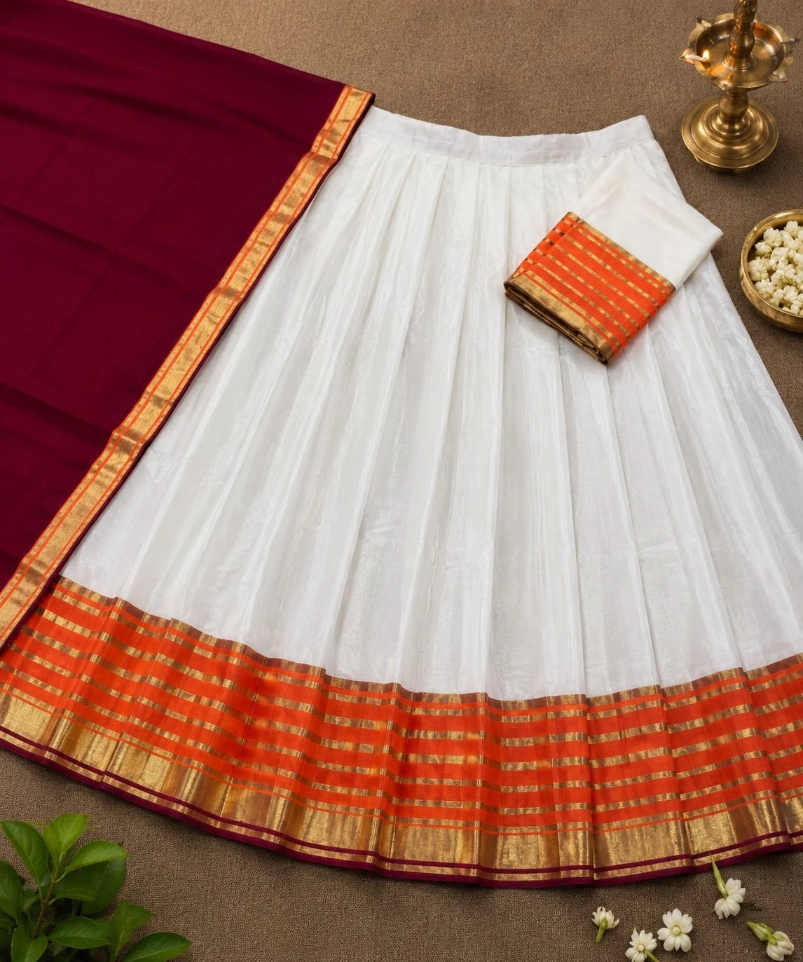 Raktashree Maroon & Orange Mul Cotton Davani