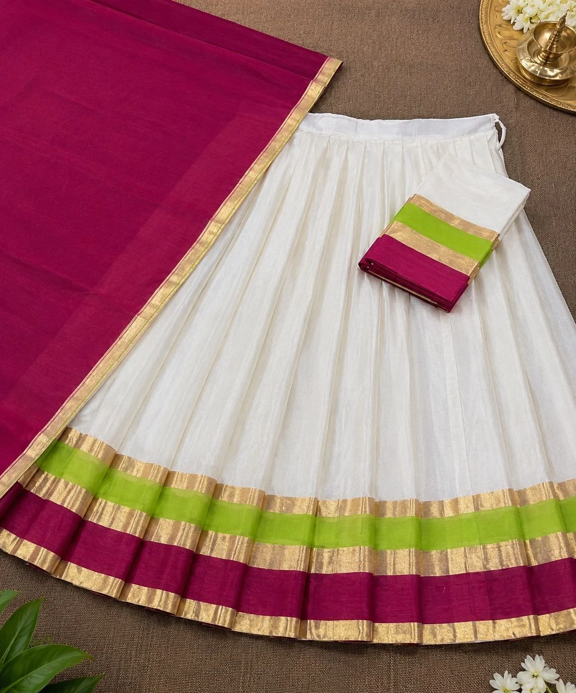 Madhavi Pink & Lime Green Mul Cotton Davani
