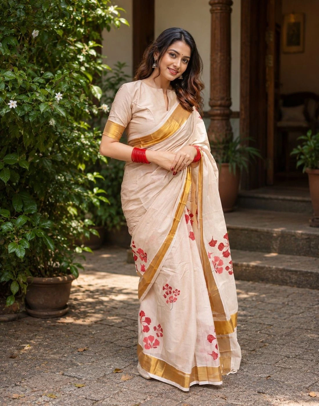 Premium Cotton Poomaram Saree | Cream & Red Floral Print for Festive Wear 1